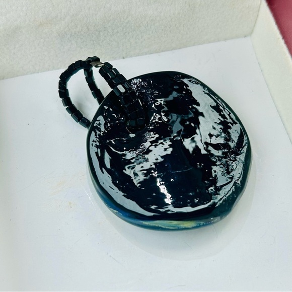 Vintage Cobalt Blue Fused Foil Art Glass Swirl Hand Blown Vortex Beaded Pendant - Picture 3 of 8